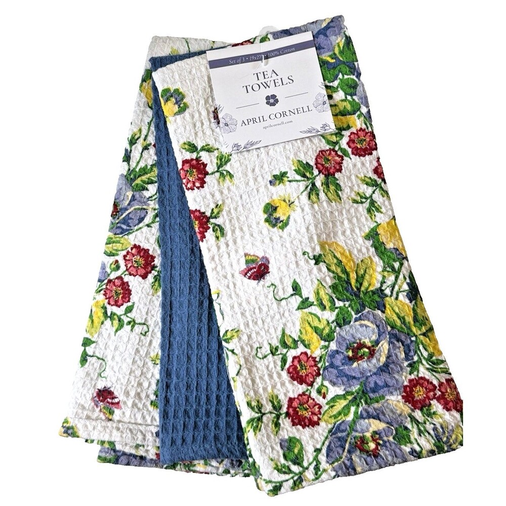 April Cornell Kitchen Dish Towels Penny's Patio Waffle Weave White Blue Set of 3